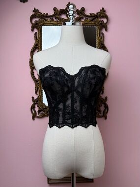Vintage 90s Victoria’s Secret Black Embroidered Sheer Strapless Bustier 36B